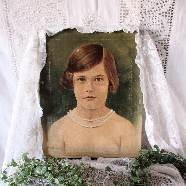 Vintage portrait oil on canvas girl with pearl necklace oil painting art antique french oil painting woman portrait painting Atelier Empire