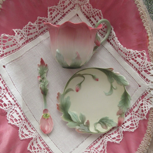 Ensemble vintage tasse en porcelaine avec soucoupe + cuillère fine porcelaine Franz Doris Teng Rose Shabby brocante Boudoir Cottage maison de campagne tasse à thé