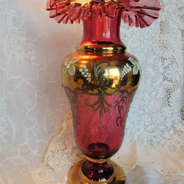 Antique magnificent Bohemian Glass Crystal Vase Beautiful Large Glass Vase Napkin Edge Enamel Flowers Gilding Hand Painted Gold Boudoir