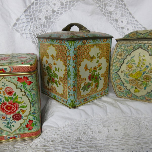 Vintage alte Teedosen SET Blechdosen Aufbewahrung antique Tin Box Shabby Boho Bohemian Retro Loft Sammlerdosen Metalldosen Kanister Holland