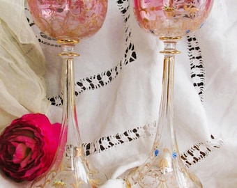 Set di bicchieri da vino antichi, bicchieri a tromba, stile boemo Moser, stile romano, decorazione a smalto, vetro decorativo, cristallo di Boemia, rari