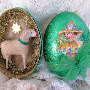 Antyczne pudełko kartonowe wełna jajeczna owce czyszczenie owiec Rudawy ozdoby choinkowe anioł stróż małe pudełko świąteczne dekoracje w stylu vintage shabby brocante