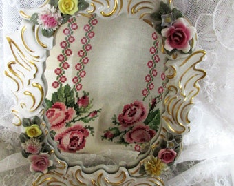 Vintage mirror porcelain mirror original Dresden old wall mirror makeup mirror roses gold decor shabby boudoire brocante cottage