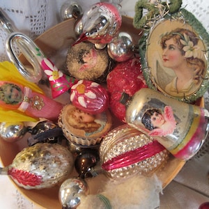 Conjunto de adornos antiguos para árbol de Navidad, árbol de plumas, Gablonzer, cadena de árbol, molduras, caja, adornos alemanes antiguos, brocante, decoración para árbol de Navidad.