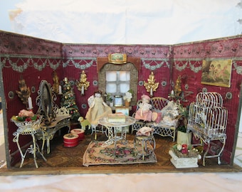 Antique Dollhouse German antique Doll House Antique toy Salon with dolls and doll furniture around 1900