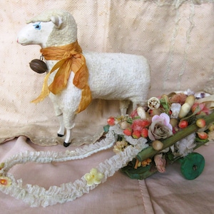 Vintage altes sehr großes Wollschaf Putzschaf Erzgebirge Ostern mit Leiterwagen Blumenwagen Shabby brocante Deko Weihnachten Krippenschaf