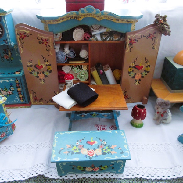 Old doll furniture SET by Dora Kuhn peasant painting hand-painted dollhouse dollhouse cradle cupboard chest of drawers folk art farmhouse collection