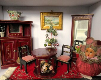 Antique dollhouse furniture SET probably Albin Schönherr for dollhouse with Christmas tree furniture accessories Vertiko Erhard and Söhne mural