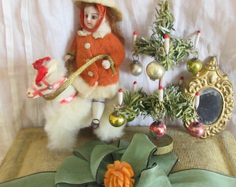 Antique Mignonette Set, Velvet Box, Small Porcelain Doll, Miniature Dollhouse Doll, Christmas Tree Doll for the Dollhouse, Antique Doll