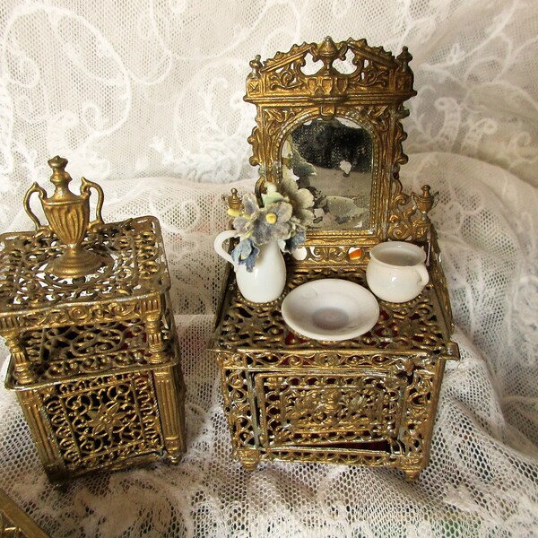 antique doll house furniture dresser Gerlach filigree bedside table pewter doll house