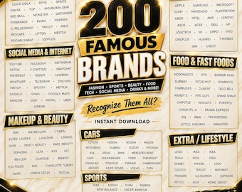 Op de afbeelding: Een digitale afbeelding met de titel 200 FAMOUS BRANDS in goudkleurige en zwarte letters op een marmeren achtergrond. Het bevat een lijst met diverse bedrijfsnamen, onderverdeeld in categorieën zoals dranken, technologie, sociale media en voeding.