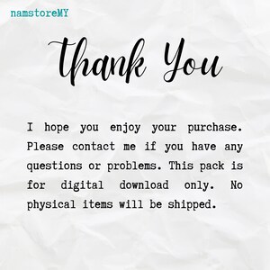 Op de afbeelding: Een witte digitale downloadkennisgeving met een textuur van gekreukt papier. De tekst luidt: namstoreMY, Thank You, I hope you enjoy your purchase. Please contact me if you have any questions or problems. This pack is for digital download only. No physical items will be shipped.