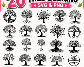 Op de afbeelding: Een digitale collectie van 20 zwarte boomontwerpen in SVG- en PNG-bestandsformaten. De afbeelding toont diverse boomsilhouetten met gedetailleerde takken en wortelsystemen, inclusief cirkelvormige kaders en vogelmotieven op een witte achtergrond.