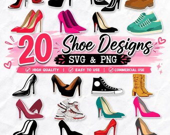 Op de afbeelding: Een digitale collectie van 20 schoenontwerpen in SVG- en PNG-indeling, met diverse stijlen waaronder rode, zwarte en roze hoge hakken, bruine werklaarzen, groenblauwe sneakers, zwart-witte hoge sneakers en sportieve hardloopschoenen.