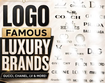 Op de afbeelding: Een digitale bestandsverzameling met de tekst SVG & PNG LOGO FAMOUS LUXURY BRANDS GUCCI, CHANEL, LV & MORE! INSTANT DOWNLOAD. De afbeelding toont een lijst met zwarte logo's van luxemerken, waaronder Louis Vuitton, Chanel, Dior, Coach, Gucci, Prada, Hermès, Valentino, Versace, Burberry, D&G, YSL, Givenchy, Fendi, Tom Ford, Celine, Loewe, Miu Miu, Alexander McQueen, Moncler en Off-White.