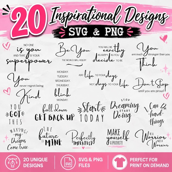 20 Inspirational SVG & PNG Files | Motivational Quote Designs (Digital Download)