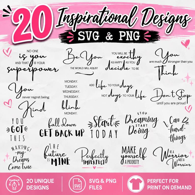 Op de afbeelding: Een digitale collectie van 20 inspirerende citaten in zwarte script- en schreefloze typografie op een witte achtergrond. Zinnen zijn onder meer No one is you and that is your superpower, Be You, You got this, Start Today en Make yourself a priority.