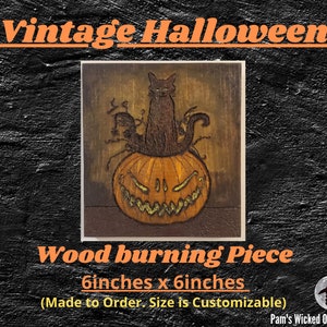 Vintage Cat on Pumpkin Wood Burning Wall Decoration
