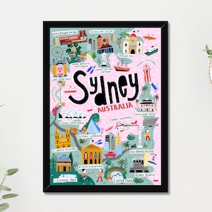 Sydney Australie Carte. Belle affiche d’art mural. Carte illustrée dessinée à la main. Unframed. Expédie gratuitement vers le Royaume-Uni, les États-Unis, l’UE et l’Australie