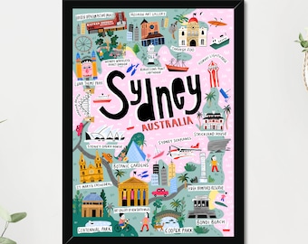 Sydney Australia Map. Beautiful wall-art poster. Hand drawn illustrated map. Unframed. Ships free to UK, USA, EU & Australia