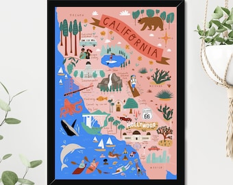 California map. Beautiful wall-art poster. Hand drawn illustrated map. Unframed. Ships free to UK, USA, EU & Australia