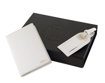 Personalised Leather Travel Accessories Bundle Passport Cover and Luggage Tag 2 Piece Set - Custom Initials - Leather Gift