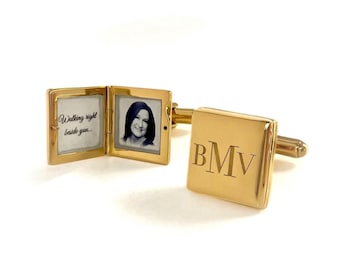 Personalized Photo Locket Cufflinks: 18K Gold Plated Sterling Silver Wedding Groom Gift
