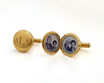 Personalized Photo Locket Cufflinks: 18K Gold Plated Sterling Silver, Wedding Groom Gift