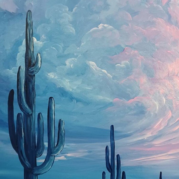 Turbulence of Thought- Dreamy Desert Scenery, Arizona Cactus, Cloud Artwork, Original Large Acrylic Painting by Stephanie O'Mara Studio