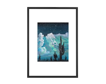 Wüstenoase - Verträumter blauer Kaktus, Celestial Arizona Landschaft Drucke, stürmische Wüste Nacht Fine Art Prints, blaues Wanddekor, mystische Kunst