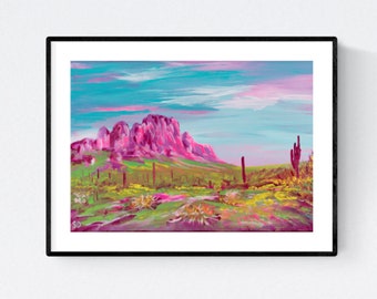 Magenta Sunrise - Peinture de montagne expressionniste, Art rose, Paysage du désert de l’Arizona, Archivistique Petits caractères, Art original de Stephanie O’Mara