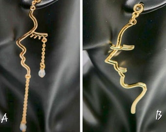 Boucles d'oreilles Line Art | Abstrait | Picasso | Visage de profil | Bijoux minimal | Aesthetic  | Couleur Or | Cadeau