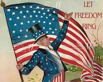 Antike Uncle Sam und amerikanische Flagge Sofortiger digitaler Download druckbare, circa 1910, Vintage Juli Vierter Flagge Download rot, weiß und blau