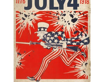 Uncle Sams Geburtstag Sofortiger digitaler Download druckbare, circa 1918, Vintage Juli Vierte Flagge rot, weiß und blau Vaterländischen Bild, viele Größen