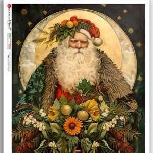 Santa Claus Paper A4 Size Victorian St. Nicholas With Flowers by Paper Designs, Christmas Decoupage Paper, Printed in Italy in Red and Green
