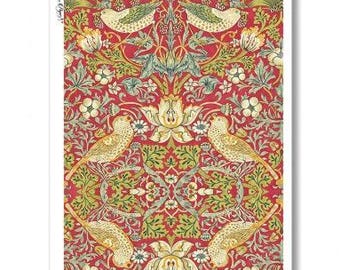 Decoupage Rice Paper Strawberries and Birds, William Morris Strawberry Thief Red, One Sheet A4 Size Red Green and Gold