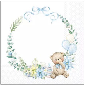 May include: A watercolor illustration of a blue and white wreath with a brown teddy bear holding a blue bow and a stack of colorful rings. The wreath is decorated with green leaves, blue flowers, and white balloons.