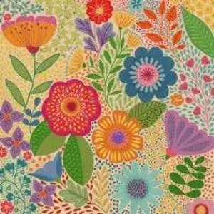 May include: A colorful floral pattern with a variety of flowers in shades of red, orange, yellow, blue, green, and purple. The background is a light yellow.