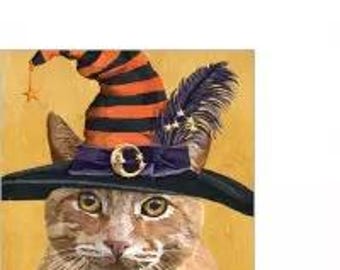 Halloween Cat in a Witch Hat Decoupage Napkins Tiger Cat in Black and Orange Hat, Includes Three Premium Quality Cocktail Size Paper Napkins