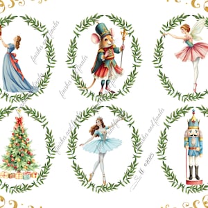 May include: Watercolor illustrations of characters from The Nutcracker ballet, including a ballerina, a mouse king, and a nutcracker soldier, each framed by a green wreath. The background is white with gold decorative accents.