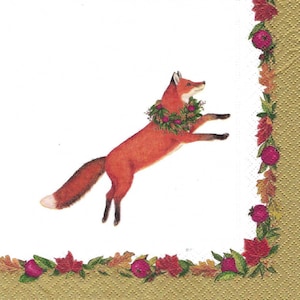 Decoupage Napkins Christmas  Leaping Fox with Wreath, Includes 3 Lunch Size Napkins for Scrapbooking, Decoupage, Journaling, Cards Arts