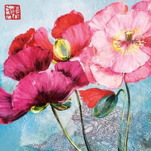 May include: Close-up of a painting featuring vibrant pink and red poppy flowers with yellow centers and green stems against a textured light blue background. A small red square with text is in the upper left corner.