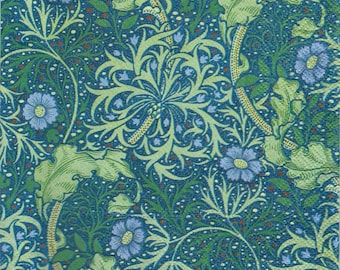May include: A blue and green floral pattern with a repeating design of stylized flowers and leaves. The background is a deep blue color, and the flowers are a light blue with a yellow center. The leaves are a light green color.