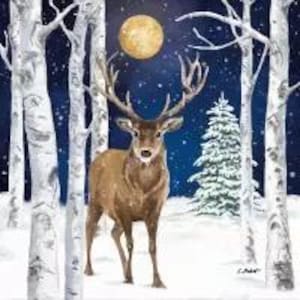 Decoupage Napkins Winter Stag at Night with Birch Trees with Full Moon Includes Three Individual Premium Quality Luncheon Size Paper Napkins