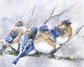 Cuddly Blue Birds Decoupage Napkins Includes Three Cocktail Size Premium Quality Paper Napkins Four Blue Birds Snuggling on Branch in Winter