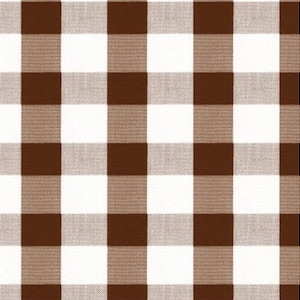 May include: A fabric textile featuring a repeating gingham pattern composed of solid dark brown squares alternating with solid white squares. The material displays a visible woven texture throughout the surface, creating a classic grid design.