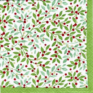 Decoupage Napkins Red and Green Twining Holly Christmas  Includes Three Premium Quality Cocktail Size Paper Napkins for Art, Crafts