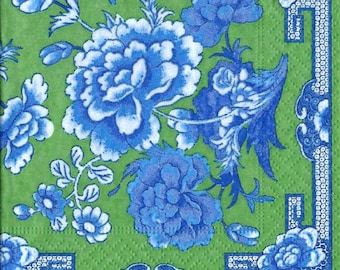 Stunning Decoupage Napkins in Bright Green and Navy Florals, Includes Three Triple Ply Cocktail Size Napkins for Scrapbooking, Decoupage
