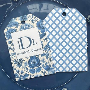 Monogram Name Tags Blue and White Chinoiserie  Personalized Tags with Ribbon, Chic and Sophisticated Enclosure Card Customized Set of 12