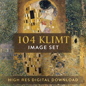 Puede incluir: Un conjunto de imágenes de descarga digital con 104 imágenes inspiradas en el arte de Gustav Klimt. La obra de arte incluye una variedad de sus pinturas más famosas, con una paleta de colores dorados y marrones. El texto de la imagen dice "104 Klimt Image Set".
